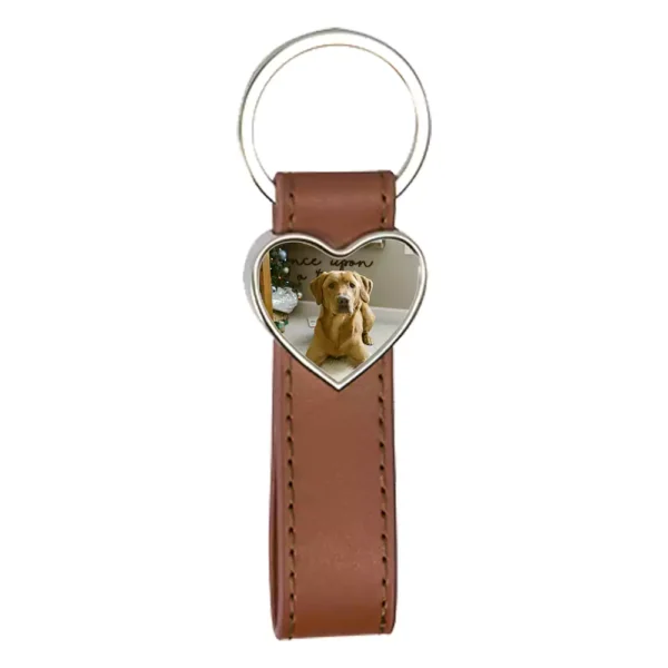 Custom photo Leather Keychain-heart-brown