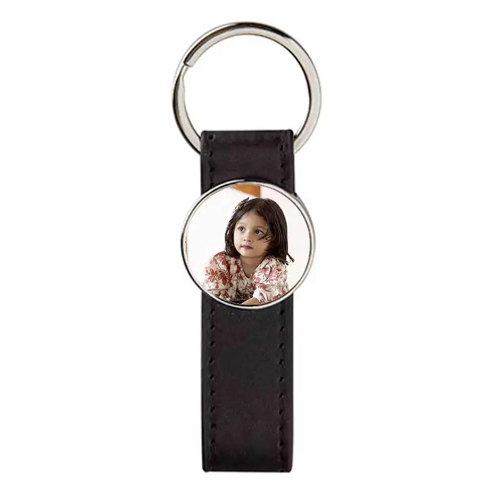 Custom photo Leather Keychain-round-black